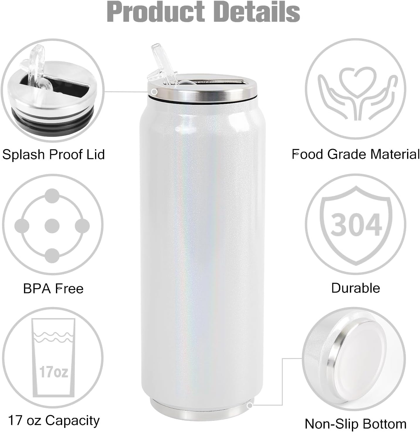 Colorsub 17 Oz Sublimation Glitter Tumblers Cans, Stainless Steel Sublimation Blanks Tumblers, Double Wall Insulated Cups Set with Lid, Straw, Gift Box, 6 Pack White