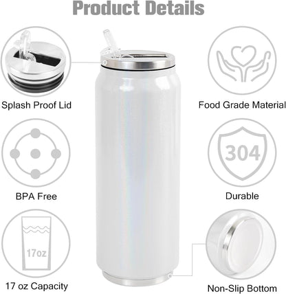 Colorsub 17 Oz Sublimation Glitter Tumblers Cans, Stainless Steel Sublimation Blanks Tumblers, Double Wall Insulated Cups Set with Lid, Straw, Gift Box, 6 Pack White