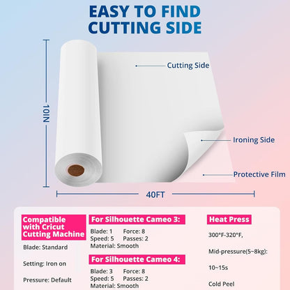 White HTV Heat Transfer Vinyl - 12" X 40FT Iron on Vinyl for All Cutting Machines, Easy to Use for Heat Vinyl Design