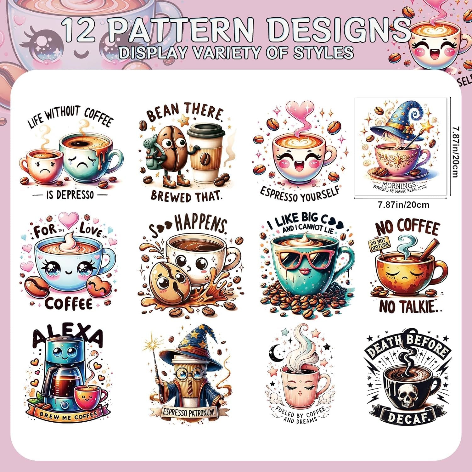 Funny Coffee Iron on Transfers - 12Pcs Dtf Transfers Ready to Press, Coffee Lovers Iron on Decals Patches, Caffeine Queen with Funny Quotes Heat Sublimation Stickers for DIY Tshirts Clothing