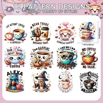 Funny Coffee Iron on Transfers - 12Pcs Dtf Transfers Ready to Press, Coffee Lovers Iron on Decals Patches, Caffeine Queen with Funny Quotes Heat Sublimation Stickers for DIY Tshirts Clothing