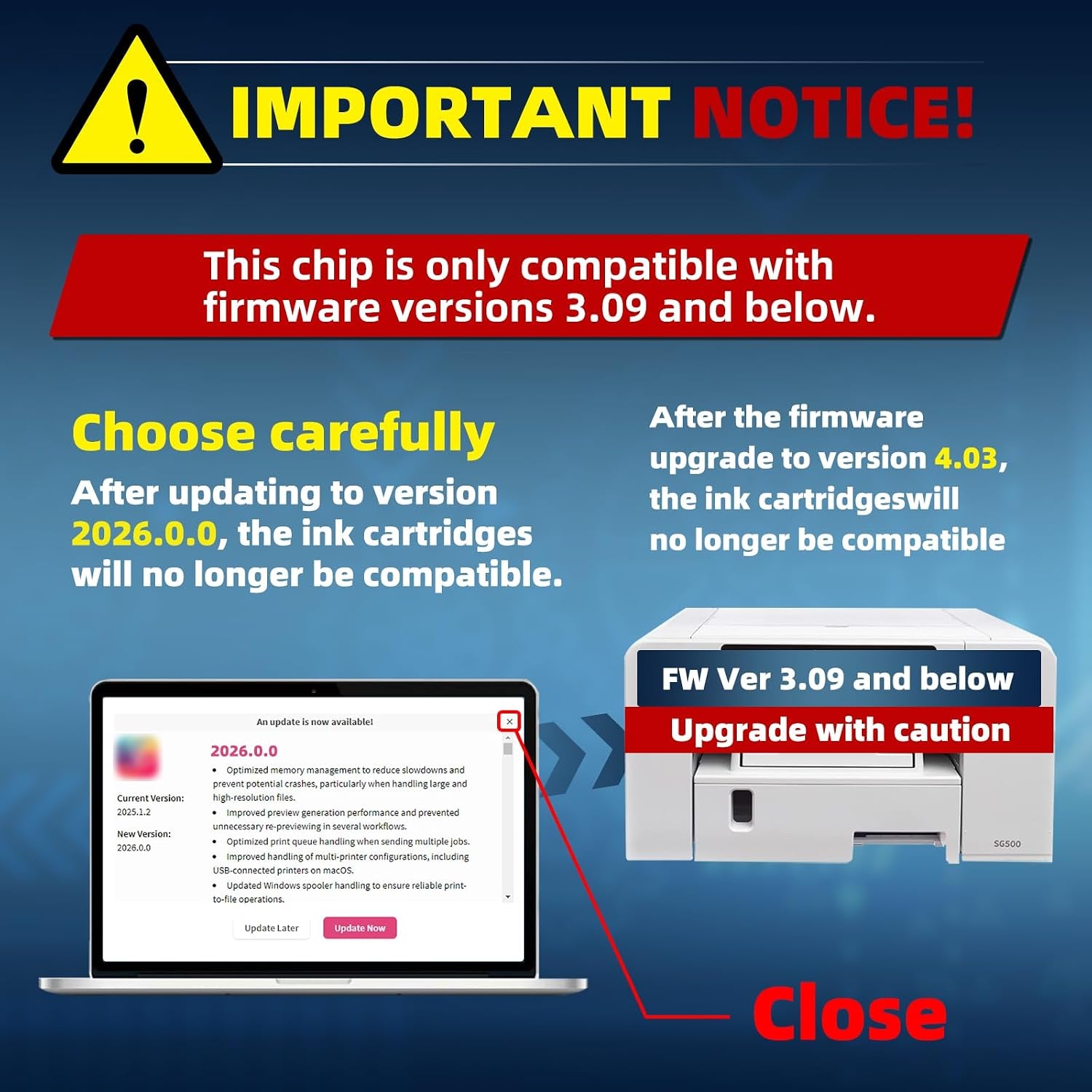 3.9.0 SG500 SG1000 Sublimation Ink Cartridges Replacement for Sawgrass SG500 and SG1000 Printers, Compatible with Firmware Version 3.09 or Earlier (BK, C, M, Y, 4PK)