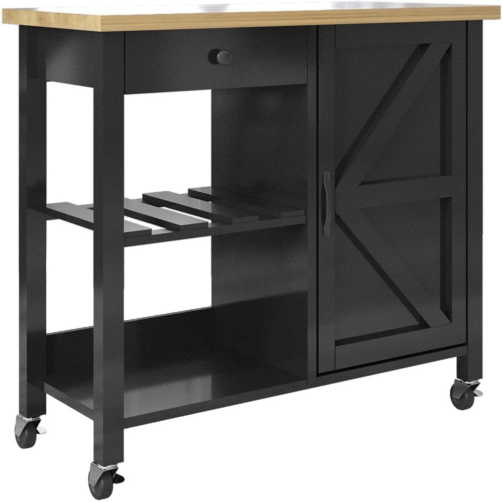 Farmhouse Kitchen Cart with Storage, Rolling Kitchen Cart on Wheels, Microwave Stand Coffee Cart, Black