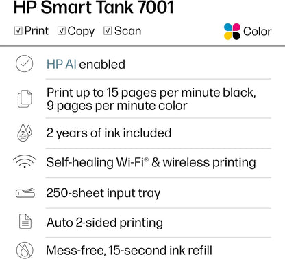 HP Smart Tank 7001 Wireless All-In-One Ink Tank Printer, Scanner, Copier with 2 Years of Ink Included, Best-For-Home Office, Cartridge-Free Refillable, Ai-Enabled (28B49A)