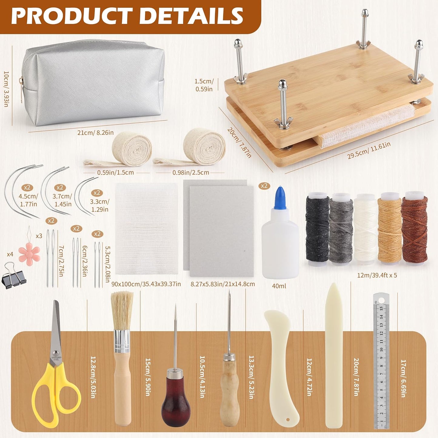 HEJIN Book Binding Kits, Book Binding Materials with Book Press | Book Binding Set with Plastic Bone Folder, Waxed Thread, Bookbinding Supplies for Beginners, 11.6 X 7.8 Inches
