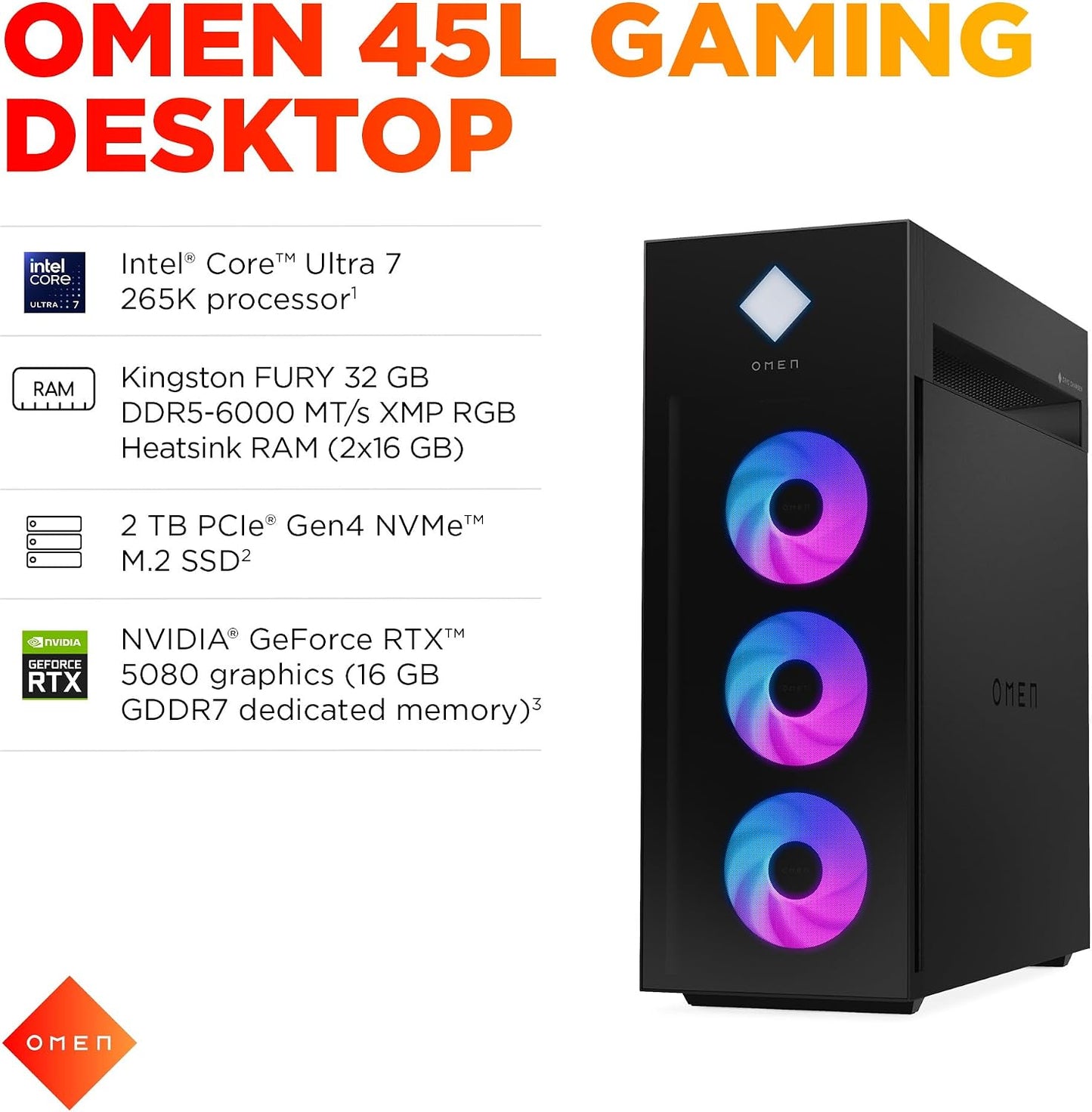 HP OMEN 45L Gaming Desktop, Intel Core Ultra 7 265K, 32 GB RAM, 2TB SSD, NVIDIA Geforce RTX 5080, Windows 11 Pro, Microsoft Copilot, Tempered Glass, GT22-3080 (2025)
