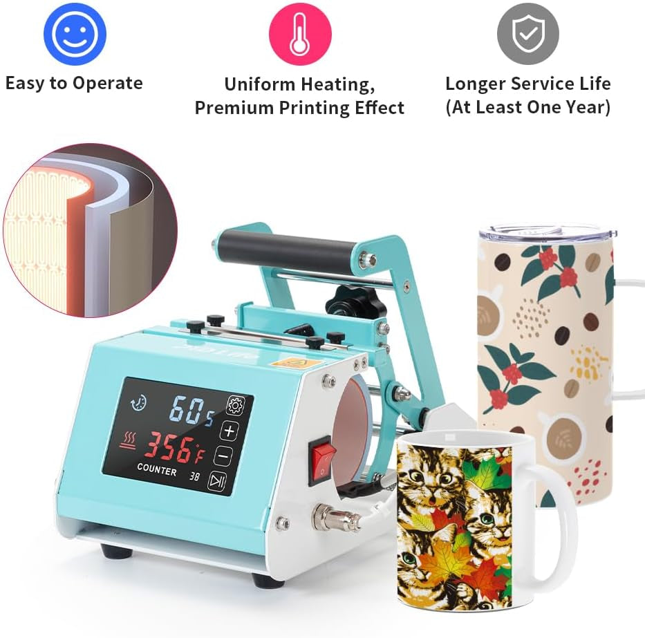 110 V Mini Mug Heat Press Machine Mint Green Tumbler Heat Press Machine Touch Screen for 11 OZ-15 OZ Sublimation Mugs 18 OZ Sublimation Glass Can,For Infusible Ink Sheets Sublimation Paper