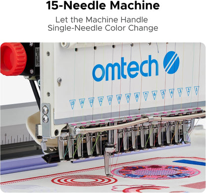 Omtech Pulse 15 Needle Commercial Embroidery Machine, 13" X 20" Multi-Color Stitching Machine with Wifi 1000Spm Max Speed 10" Touchscreen, 270° Cap Flat Garment Digital Threading Machine with Hoops