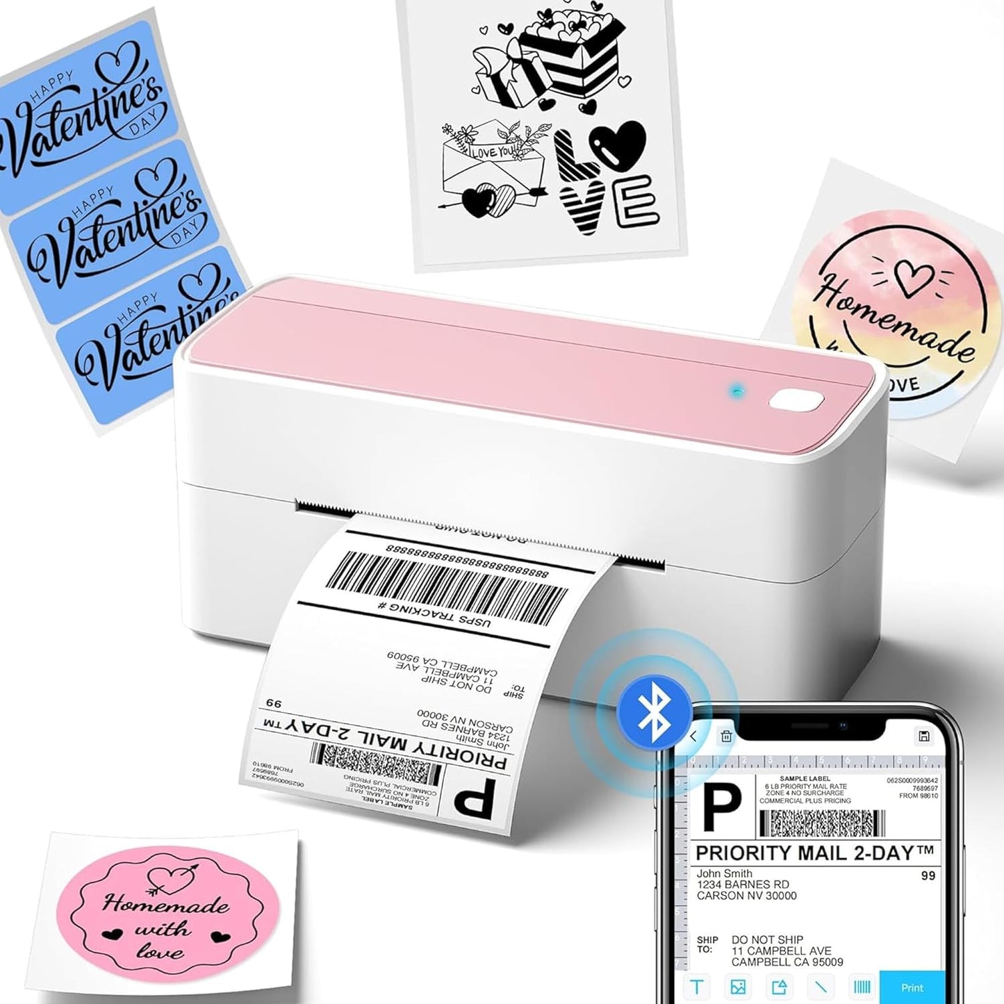 Phomemo Bluetooth Thermal Label Printer, 241BT 4X6 Wireless Shipping Label Printer for Small Business, Pink Labels Printers for Shipping Package, Compatible with Iphone, Android, Shopify, Amazon, USPS