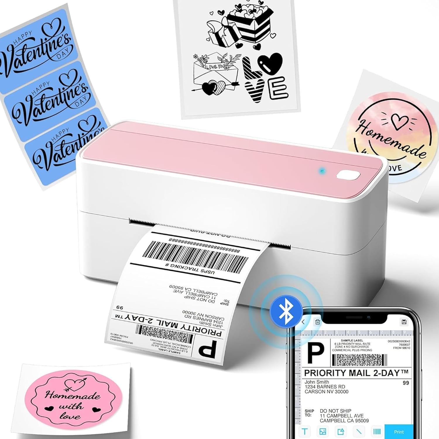 Phomemo Bluetooth Thermal Label Printer, 241BT 4X6 Wireless Shipping Label Printer for Small Business, Pink Labels Printers for Shipping Package, Compatible with Iphone, Android, Shopify, Amazon, USPS