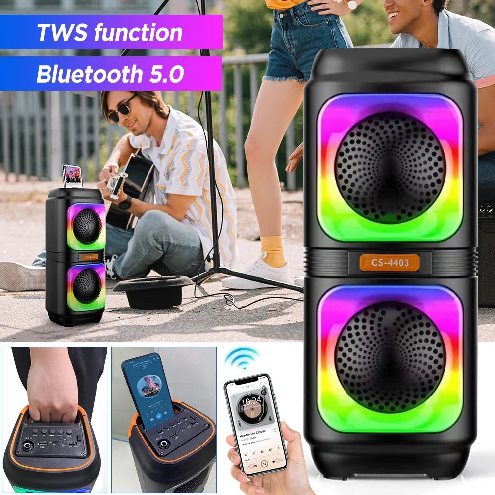 Portable Dual 4'' Speakers Bluetooth Speaker, Party Stereo Subwoofer RGB Lights Karaoke Heavy Bass with Mic (Optional),Support TWS/AUX/USB/TF Card Ideal for Party,Home,Camping