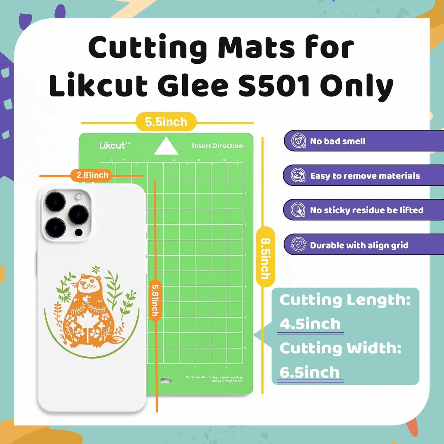 Cutting Mat for Glee S501 Cutter, 4.5" X 6.5" Standard Grip Mat for DIY Crafty, 3 Packs Likcut Accessories Mats, Adhesive Sticky Green Quilting Replacement Cut Mats for Iron On, Vinyl and More