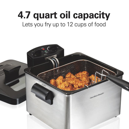 Professional-Style Deep Fryer with 3 Frying Baskets, 4.7 Quart or 19 Cup Oil Capacity, Lid with View Window, Stainless Steel, 35034