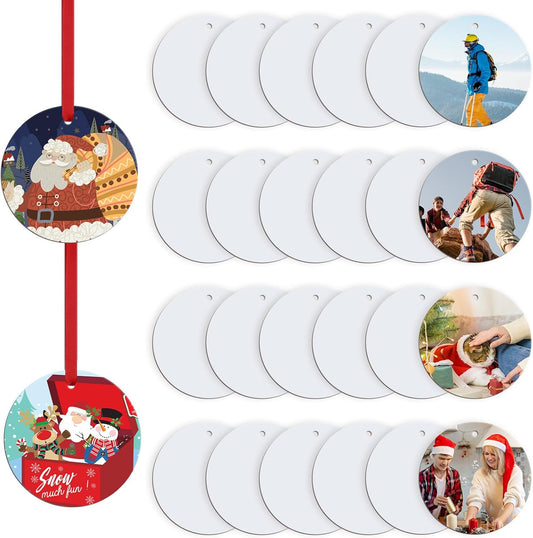 Sublimation Ornament Blanks 26 PCS- 3 Inch Sublimation Christmas Ornament Blanks Double Side with Red String - Personalized MDF Decoration Supplies for Halloween Christmas