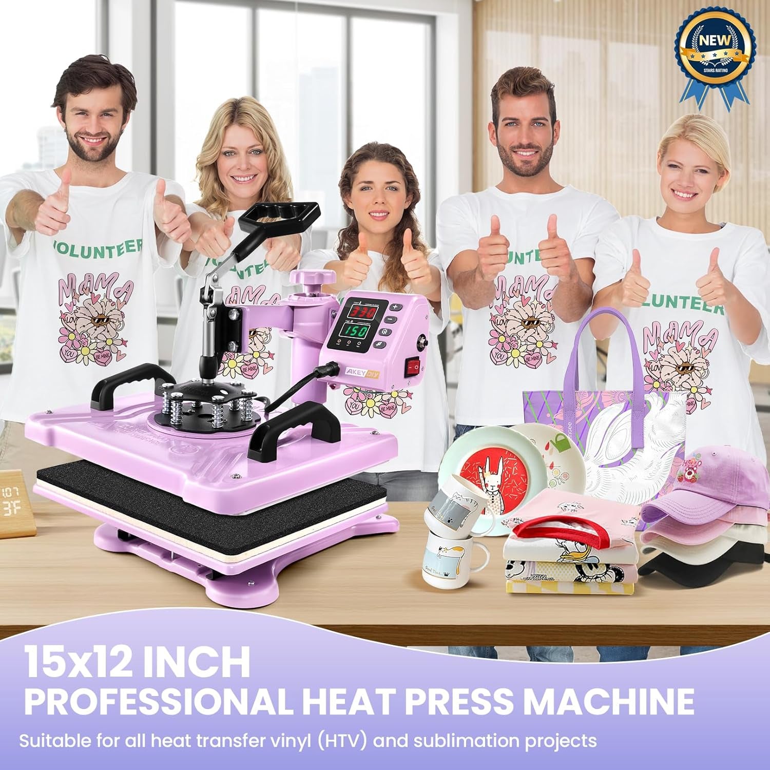 Heat Press Machine for Tshirts, 5 in 1 Heat Transfer Machine, 12" X 15" Heat Printing Press for Sublimation Combo with 360 Degree Rotation Swing Away for T-Shirt Hat Cap Mug Plate, Pink Purple