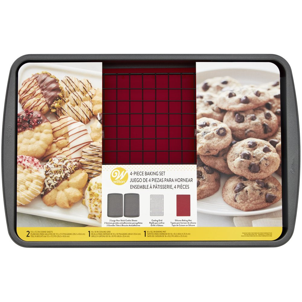 Nonstick Cookie Sheet, Cooling Grid and Silicone Baking Mat Bakeware Set, 4-Piece