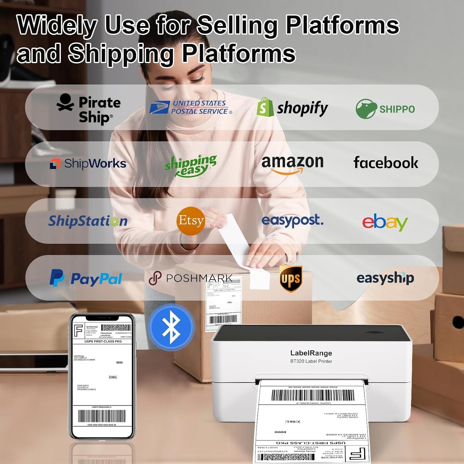 Ecommerce Label Printer 4X6, Thermal Shipping Label Printer, Support Amazon, Ebay, USPS, Pirate Ship, Bluetooth and USB Connection