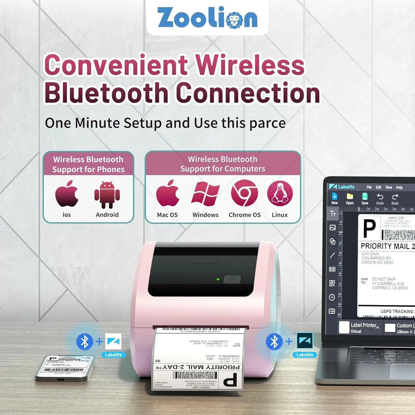 Thermal Label Printer 4X6 - D520BT Built-In Label Holder Thermal Printer for Small Business Shipping Packages - Compatible with USPS, Amazon, Shopify, Ebay and More(Pink)