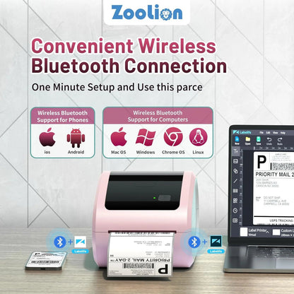 Thermal Label Printer 4X6 - D520BT Built-In Label Holder Thermal Printer for Small Business Shipping Packages - Compatible with USPS, Amazon, Shopify, Ebay and More(Pink)