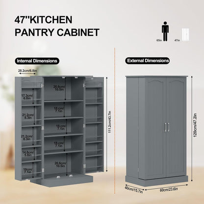 47" Kitchen Pantry, Farmhouse Pantry Cabinet, Storage Cabinet with Doors and Adjustable Shelves 47" H X 23.62" W X 15.75" D (Gray)