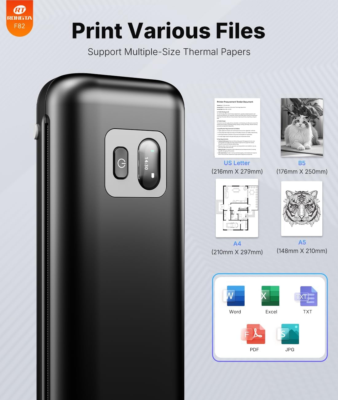 Rongta Portable Printer Wireless for Travel, Thermal Inkless Printers for 8.5"*11" US Letter, Compatible with Android Ios Smartphone, Mac Windows Laptop for Office, Home, Travel (Black)