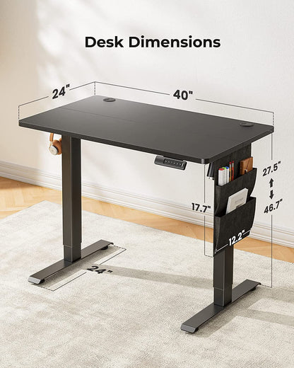Electric Standing Desk with Storage Bag, 40" X 24" Adjustable Height Sit to Stand Desk with 4 Memory Pre-Set, Headphone Hook for Home Office, Black