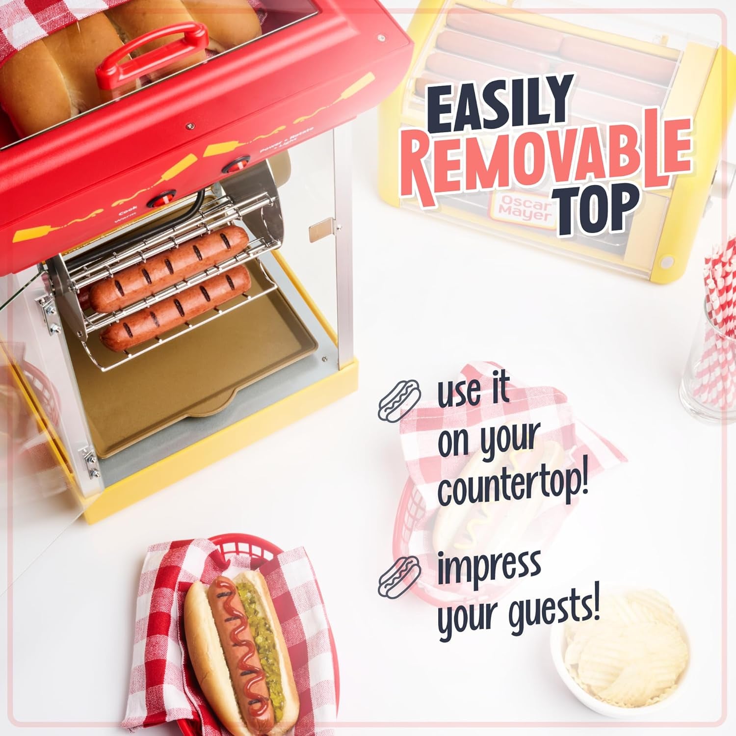 Nostalgia Oscar Mayer Hot Dog Ferris Wheel - Retro Style Hot Dog Roller Cart Toaster - Classic 6-Piece Grill Machine with Bun Warmer, Push Handle, Wheels, Transparent Housing, Storage Compartment