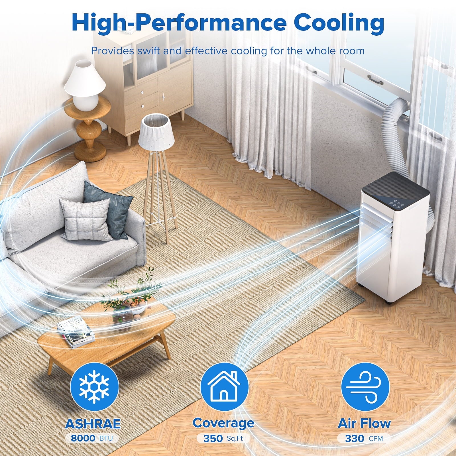 8000 BTU Ashare Portable Air Conditioner, 4-In-1 AC Unit with Fan, Cool and Dehumidifier, Sleep Mode, Remote Control, for Rooms up to 350 Sq Ft
