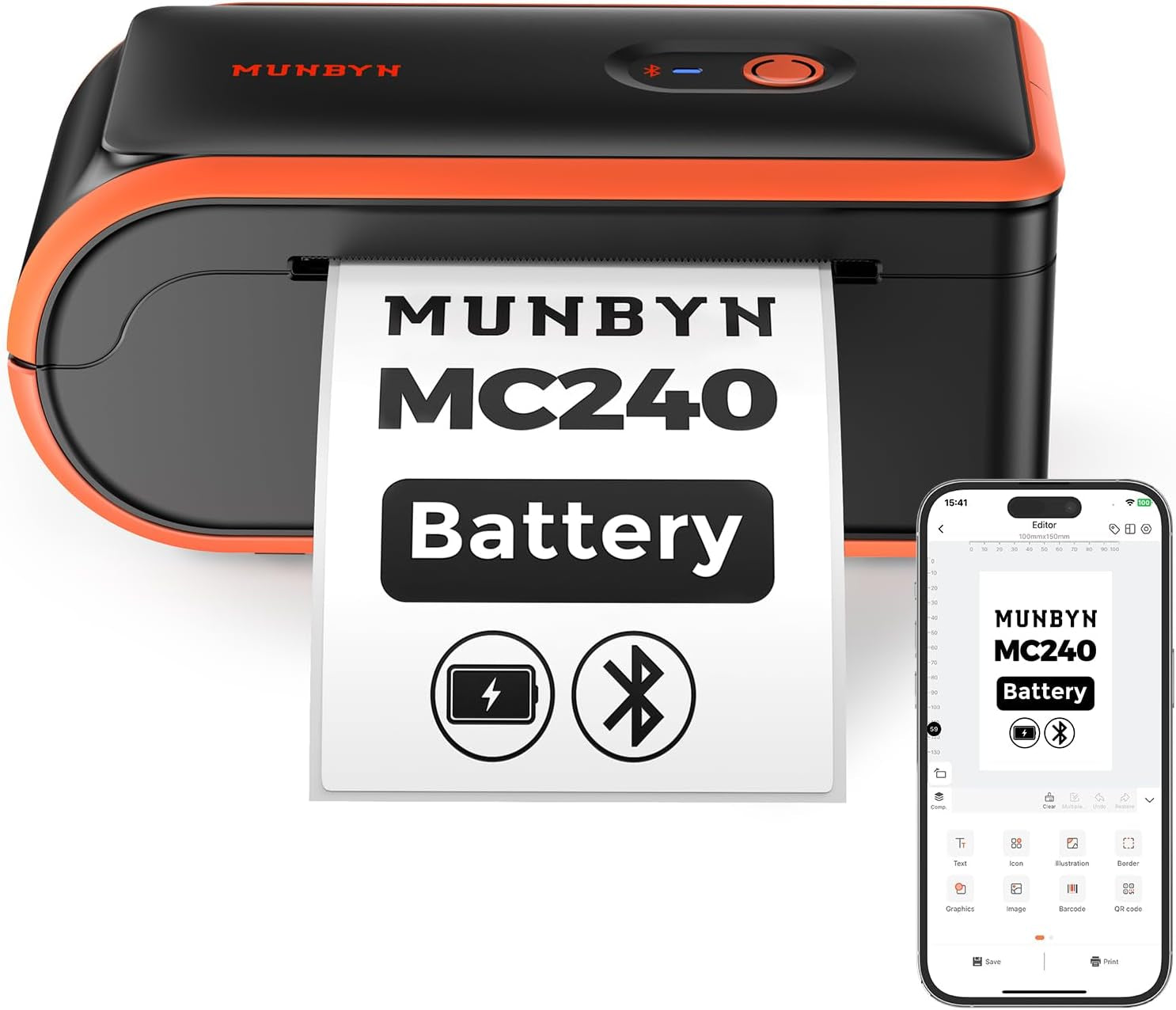 MUNBYN MC240 Bluetooth Thermal Label Printer with Battery, Built-In Paper Bin, Portable Wireless 4×6 Shipping Label Printer, Compatible with Ios, Android, Windows, Mac, Works for Small Business