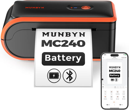 MUNBYN MC240 Bluetooth Thermal Label Printer with Battery, Built-In Paper Bin, Portable Wireless 4×6 Shipping Label Printer, Compatible with Ios, Android, Windows, Mac, Works for Small Business