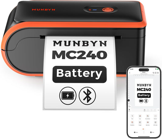 MUNBYN MC240 Bluetooth Thermal Label Printer with Battery, Built-In Paper Bin, Portable Wireless 4×6 Shipping Label Printer, Compatible with Ios, Android, Windows, Mac, Works for Small Business