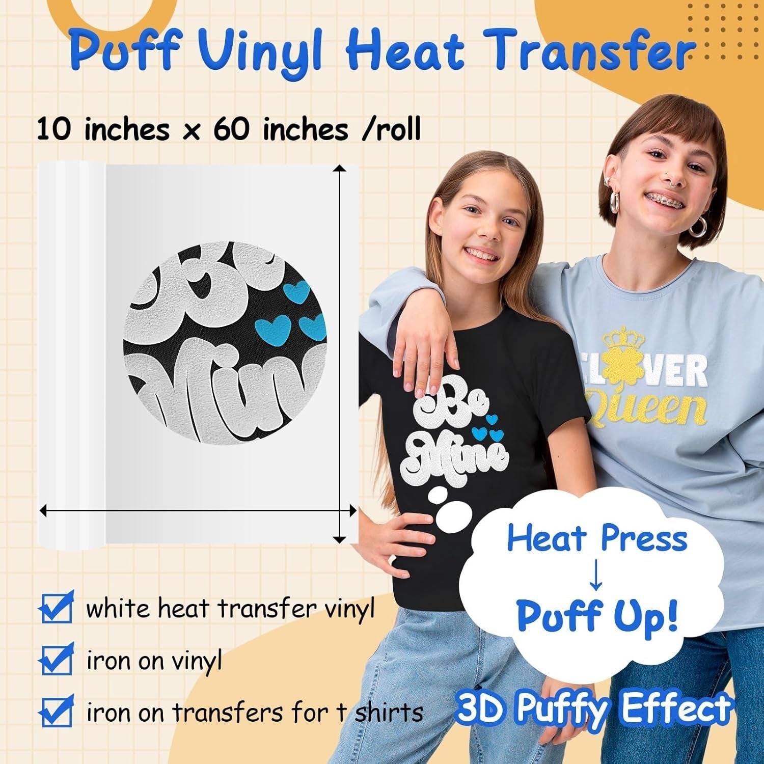 Puff Vinyl Heat Transfer - 10" X 60" 3D Adhesive HTV White Iron on Vinyl for All Cutter Machine Puffy Heat Press Vinyl for Shirts Easy to Cut & Weed (White)