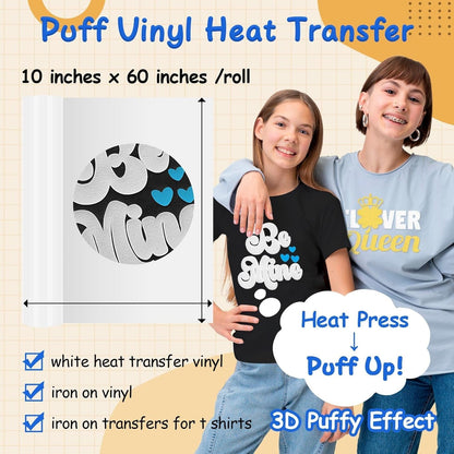 Puff Vinyl Heat Transfer - 10" X 60" 3D Adhesive HTV White Iron on Vinyl for All Cutter Machine Puffy Heat Press Vinyl for Shirts Easy to Cut & Weed (White)