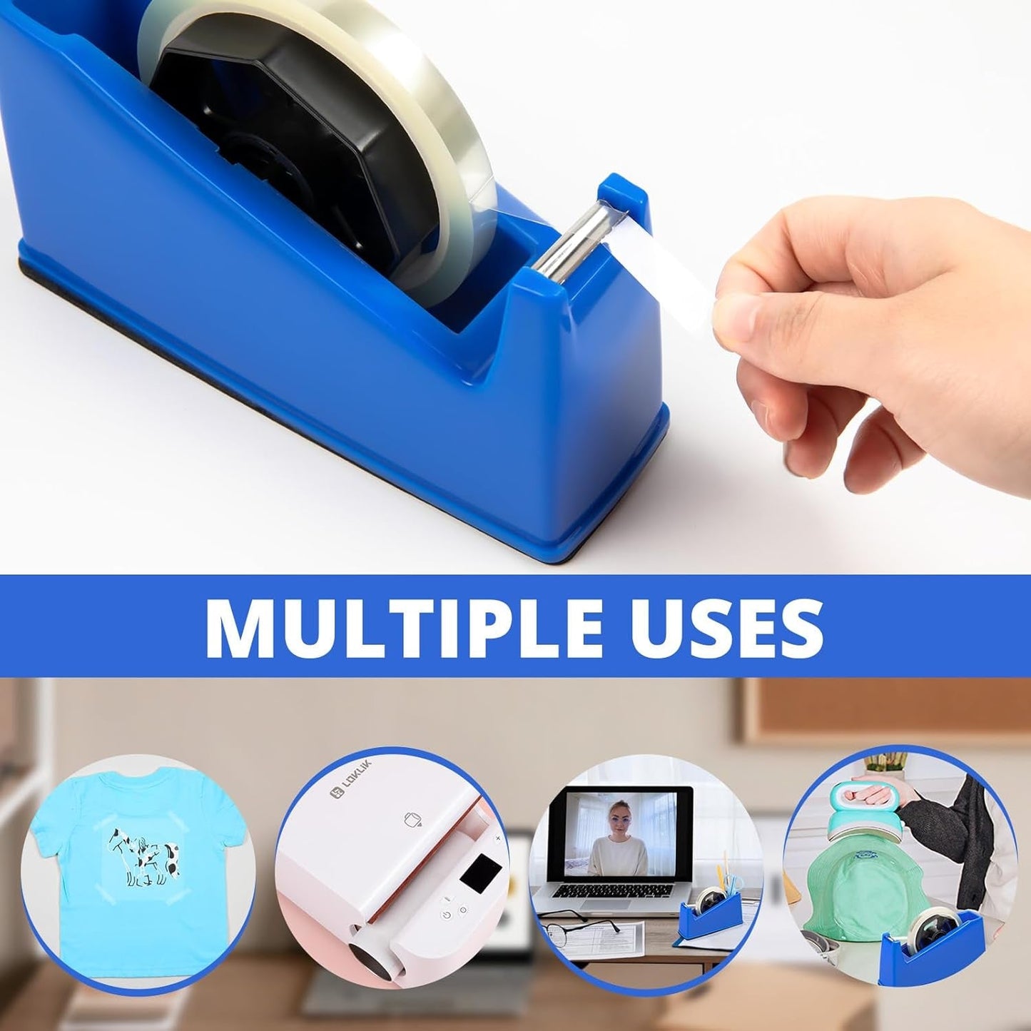 Heat Tape Dispenser - Sublimation Heat Transfer Tape Dispenser Holder Fits 1"& 3" Cores, Blue Desk Dispenser Sets for Office and School