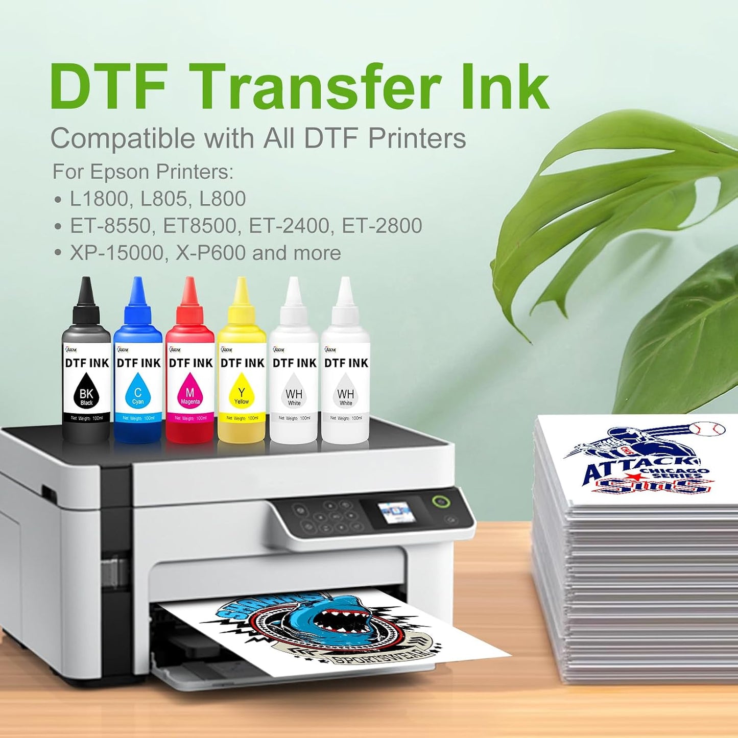DTF Ink 600ML, Premium DTF Printer Ink, 6X100Ml Refill for ET-8550 XP15000 L1800, R1390 R2400, DTF Transfer Ink for PET Film (100Ml X 6, 2 Wh+Cmyk)