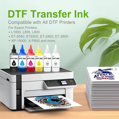 DTF Ink 600ML, Premium DTF Printer Ink, 6X100Ml Refill for ET-8550 XP15000 L1800, R1390 R2400, DTF Transfer Ink for PET Film (100Ml X 6, 2 Wh+Cmyk)