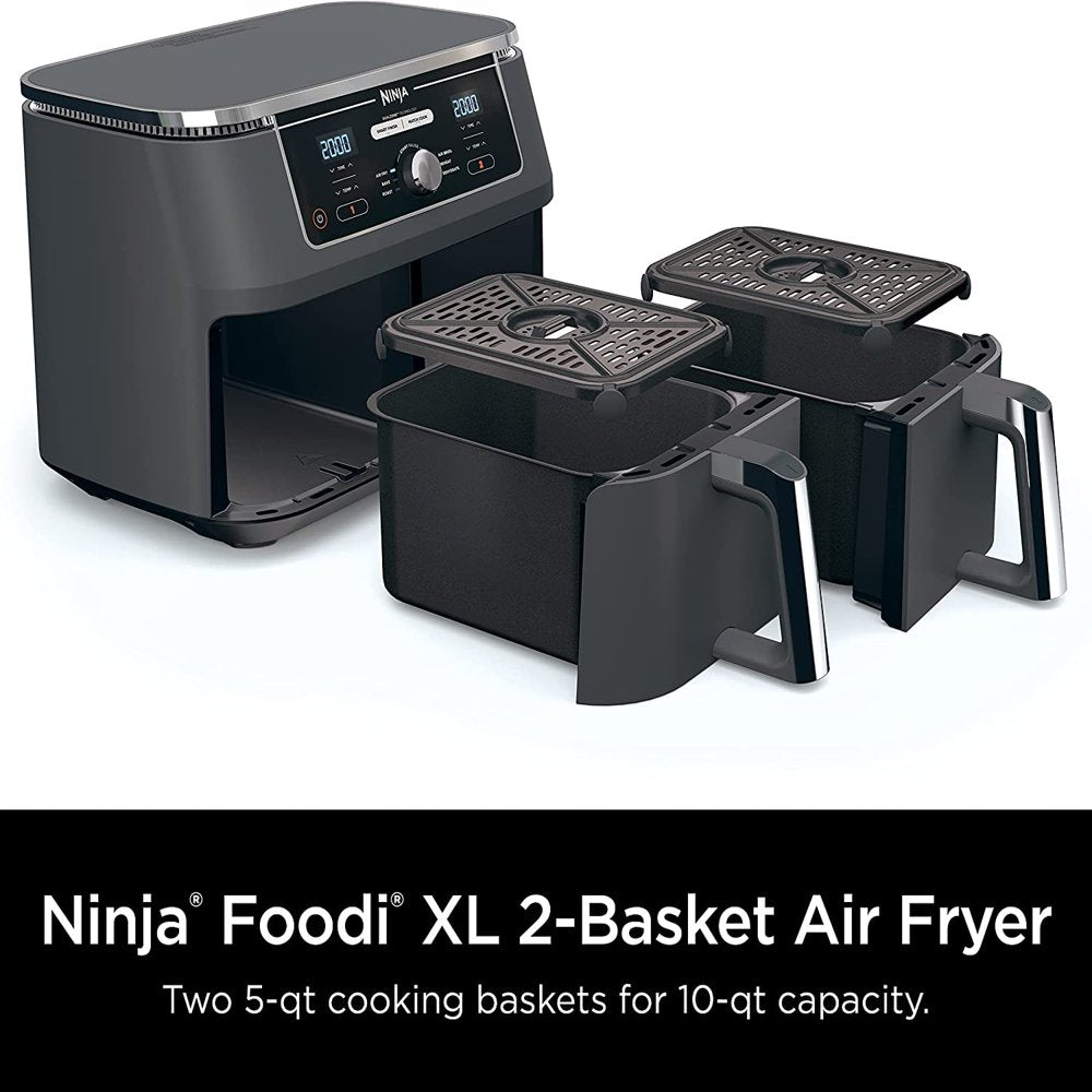 DZ401 Foodi 6-In-1 10 Quart XL 2-Basket Air Fryer with Dualzone Technology, with 2 Crisper Plates & 2 Independent Baskets, for Larger Portion Meals, Grey