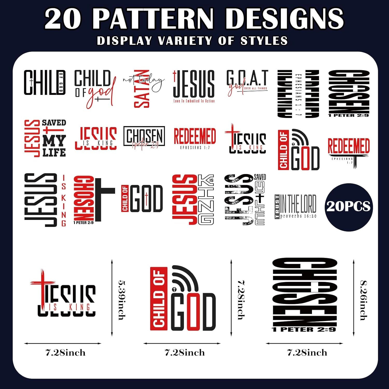 Dazoratix Christian Iron on Transfers - 20 Sheets Jesus Bible Verse DTF Ready to Press Heat Patches Religious Faith Vinyl Stickers Decals for Men T Shirts Clothes Pillow Bag Hat Appliques DIY Crafts