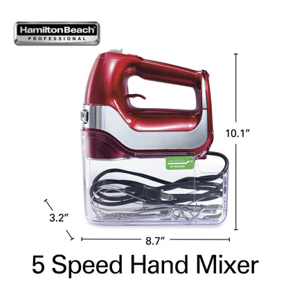 Professional 5-Speed Electric Hand Mixer, High Performance DC Motor, Quickburst, Slow Start Speed, Stainless Steel Beaters and Whisk, Red, 62653