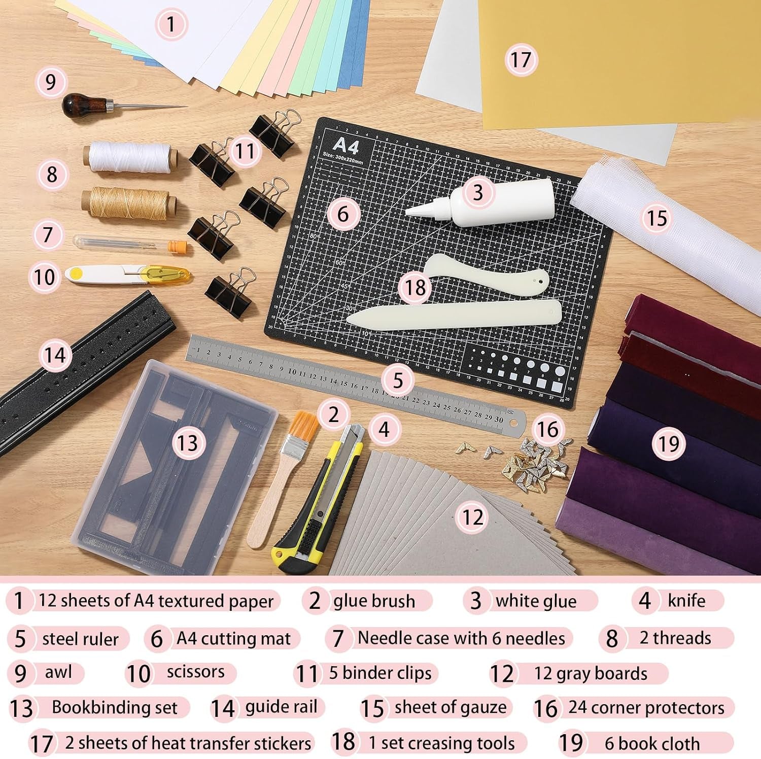Funoofuno 91 Pcs Book Binding Kits for Beginners Complete Bookbinding Kit Tools with Flocked Cloth, Textured Paper, Decorative Corner, Bone Folder Tool, Bookbinding Supplies for Book DIY Craft