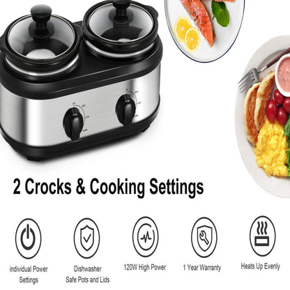 Dual Pot Slow Cooker 2X1.25 Qt Food Warmer with Adjustable Temp Slow Cooker Buffet Server Stainless Steel