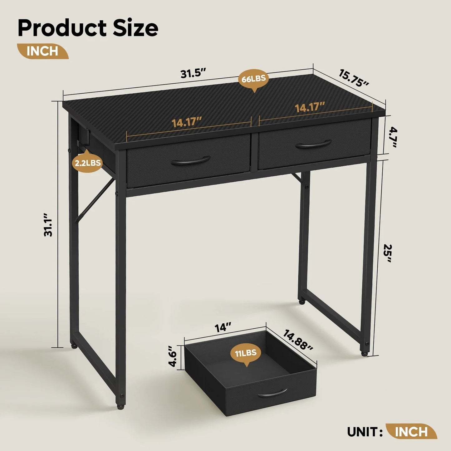 32 Inch Small Desk Computer Desk with Fabric Drawers& RGB LED Light, Writing Desk, White Vanity Desk with Hanging Hook Hook for Home, Bedroom, Black