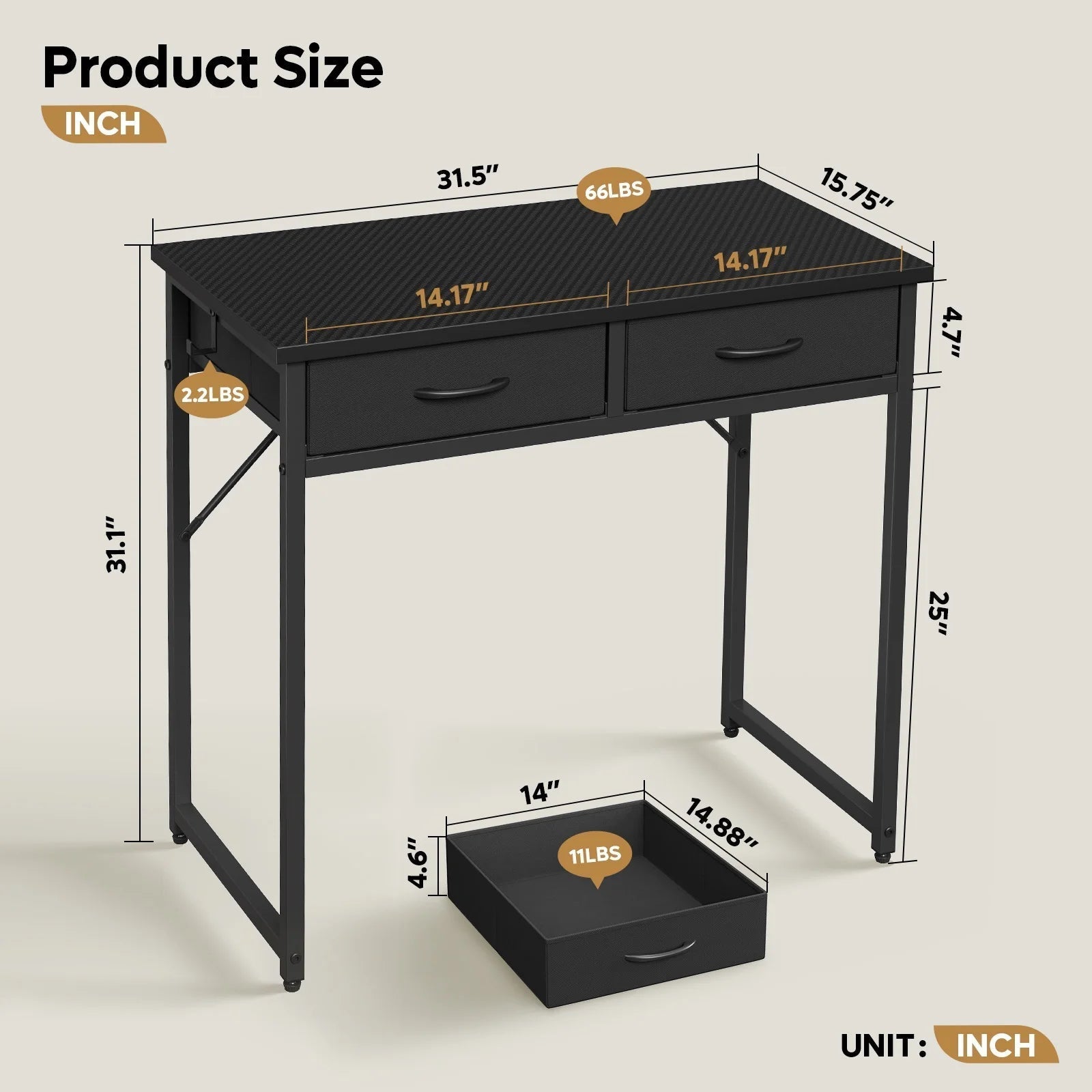 32 Inch Small Desk Computer Desk with Fabric Drawers& RGB LED Light, Writing Desk, White Vanity Desk with Hanging Hook Hook for Home, Bedroom, Black