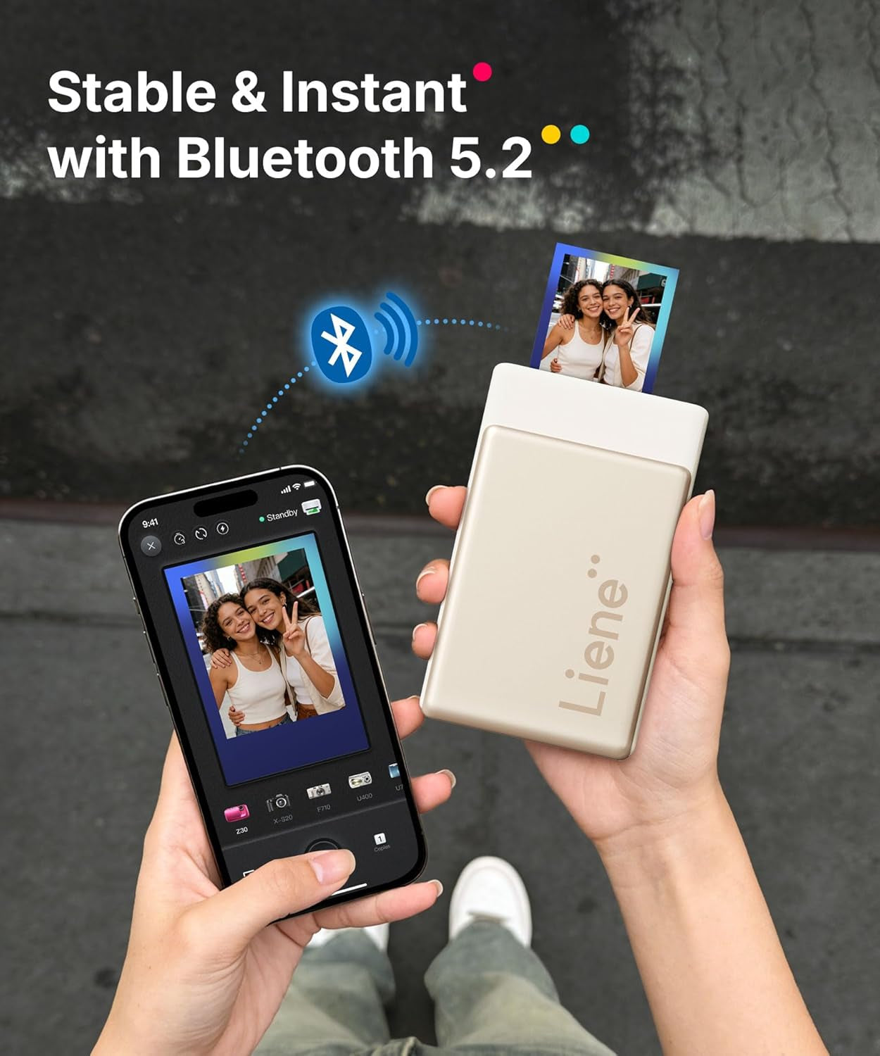 Liene Pearl N200 Pro Portable Photo Printer, Instant Mini Picture Printer for Iphone Smartphone, Thermal Dye Sublimation, Bluetooth Sticker Printer 50 Sheets 2X3 Adhesive Paper & 5 Cartridges, Gold