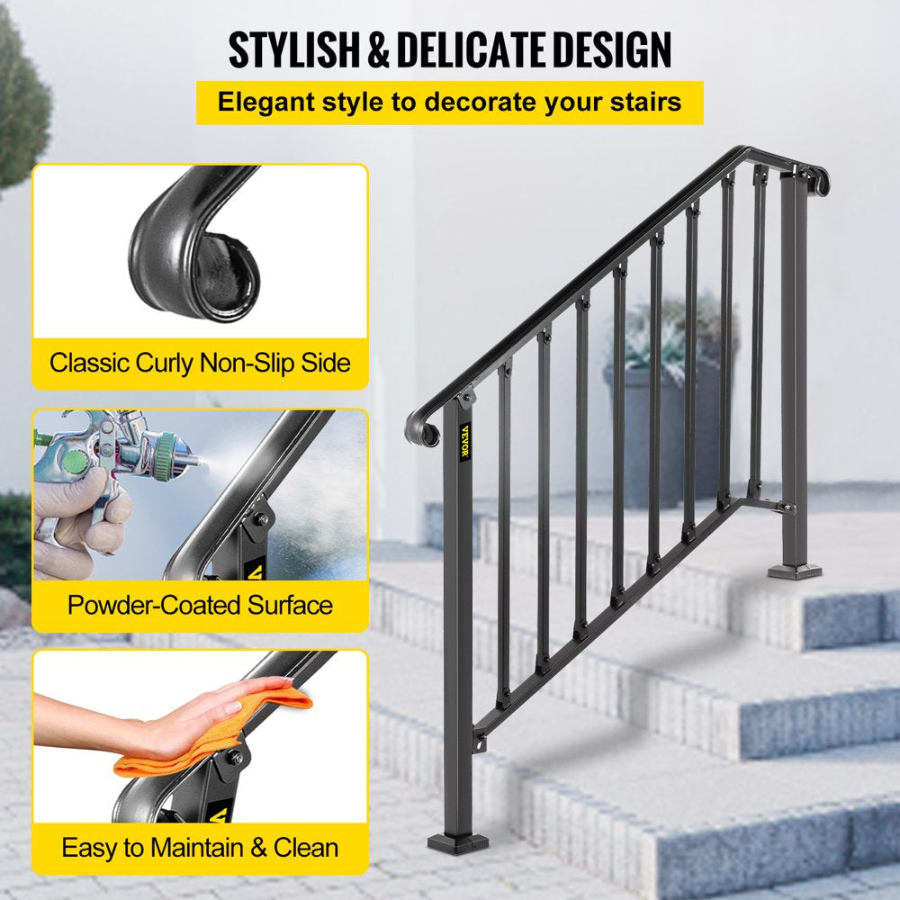 brand Handrail for Stairs Fits 3 or 4 Steps Outdoor Handrail Rail Height Adjustable Wrought Iron Handrail, Matte Black