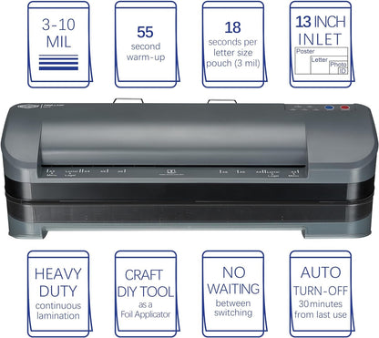 SINCHI 13-Inch Thermal Laminator & Foil Applicator, 3–10 Mil, 4-Roller, 55S Warm-Up, 18 Seconds/Page, Auto Shutoff, Commercial-Grade Laminating Machine with 10 Pouches for Office, School, Crafts & DIY