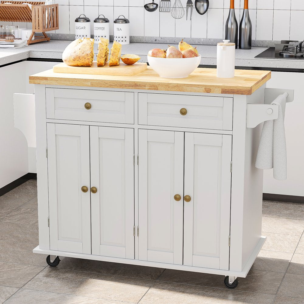 Rolling Kitchen Island, Kitchen Cart with Rubber Wood Countertop, Lockable Casters, Adjustable Shelves, Matte(White-43.3"X17.7"X32.5")