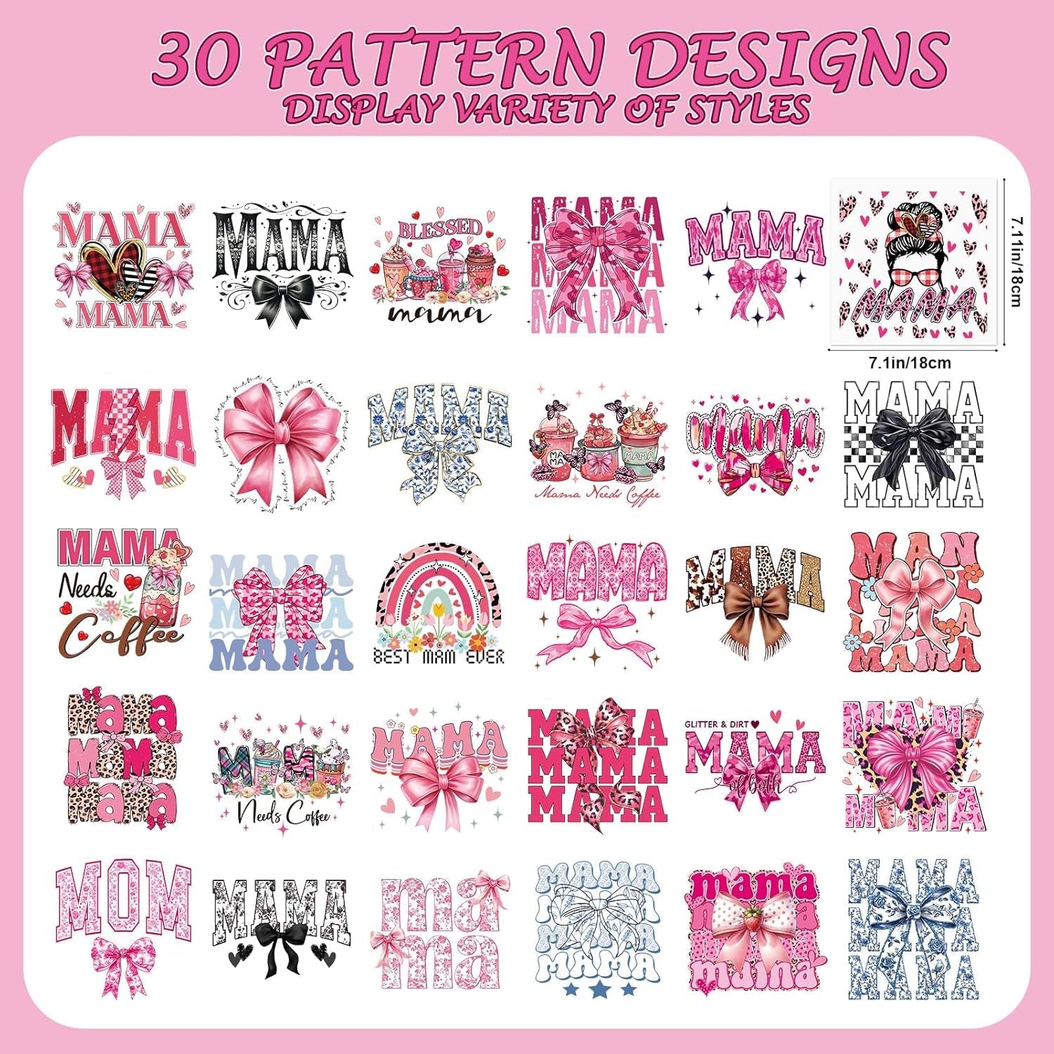 Dtf Transfers Ready to Press - 30Pcs Mother'S Day Iron on Transfers for Tshirts, Mama Bow Iron on Decals Patches, Pink Coquettee Heat Transfer Stickers for Clothes Pillows Bag DIY Crafts