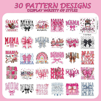 Dtf Transfers Ready to Press - 30Pcs Mother'S Day Iron on Transfers for Tshirts, Mama Bow Iron on Decals Patches, Pink Coquettee Heat Transfer Stickers for Clothes Pillows Bag DIY Crafts