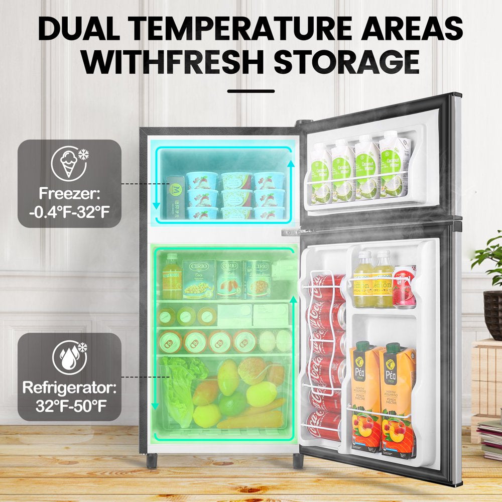 3.5 Cu Ft Two Door Mini Fridge with Freezer, Silvery